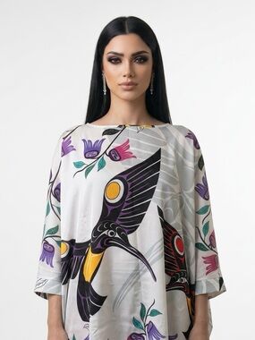 Coast Salish 'Hummingbird' Indigenous Chiffon Poncho Design by Francis Horne Sr